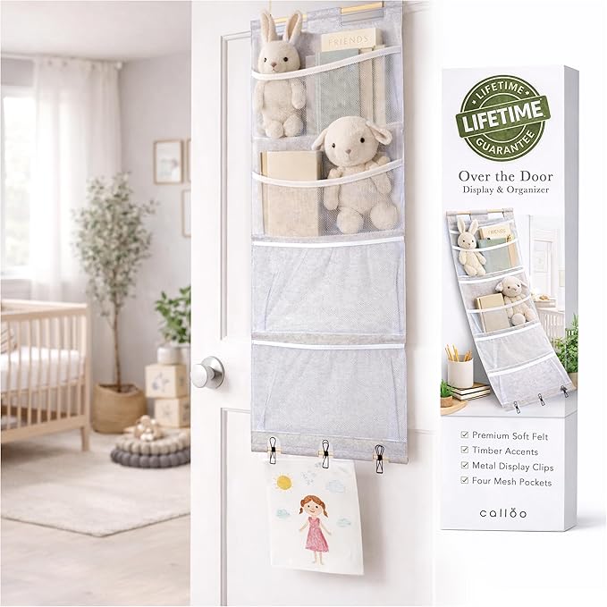Over the Door Stuffed Animal Storage for Kids – Felt Organizer with Clips to Display Art and Mesh Pockets for Stuffies, Books and More – Space-Saving Hanging Design that Grows with your Child