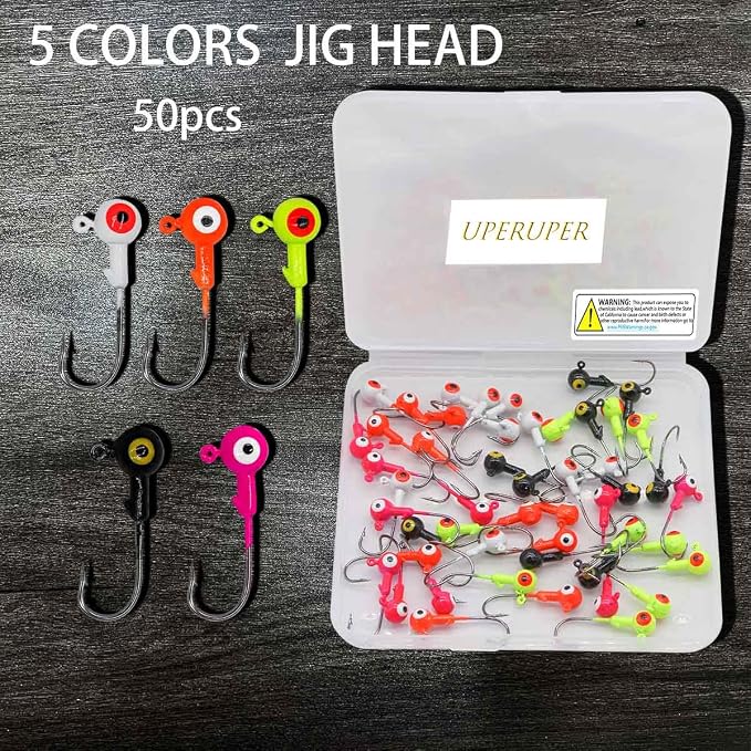 50pcs Fishing Jig Head Hooks kit, Round Ball Fishing Jigs with 3D Eyes Carbon Steel Hooks for Soft Lures Bass Freshwater Saltwater 1/8oz 1/6oz 1/4oz 1/16oz 1/35oz