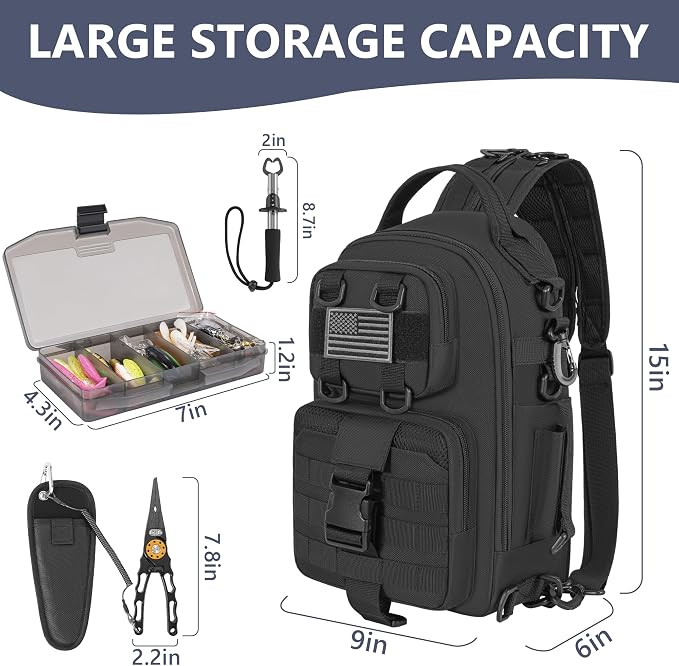 GMAK Fishing Backpack with Tackle Boxes, Fishing Sling Tackle Backpack Bag for Fish Gear With Rod Holder, Fish Kits Gifts for Men Women with Lures, Pliers, Lip Gripper, Black Kit