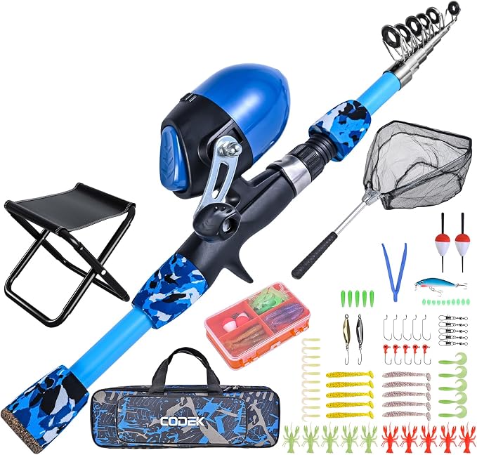 CODEK Kids Fishing Pole Set Portable Telescopic Kids Fishing Rods with Collasible Chair Fishing Net Carrier Bag and Full Kits for Boys and Girls Beginner and Youth 170cm/5.6ft