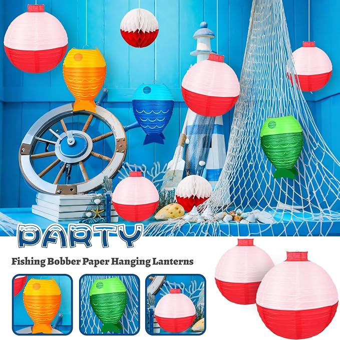 13pcs Fishing Bobber Paper Lanterns Hanging Fish Shaped Lanterns Honeycomb Ball Decorations Red and White Paper Lanterns for Fishing Themed Party Decorations Birthday Decor Supplies.