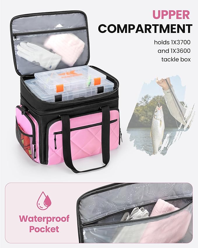 Smasrob Fishing Tackle Bag with Large Lure Boxes Pocket and Extra Top Tackle Trays Pocket, Fish Bag for Saltwater and Freshwater (Tackle Trays Not Included), Pink