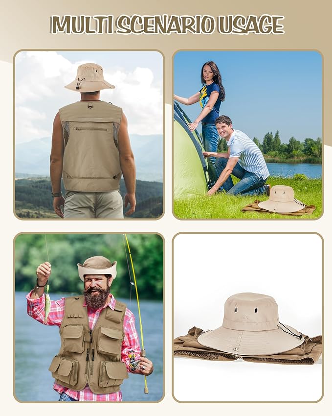 Shihanee 2 Pcs Men's Fishing Vest Sun Hat Multi Pocket Safari Vest for Outdoor Hiking Summer Travel