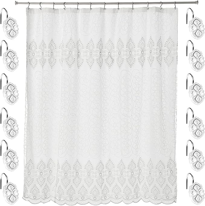 Zahari Home Monaco Bathroom Shower Curtain Set - 13pc Classic Luxury Contemporary Design with 12 Hooks
