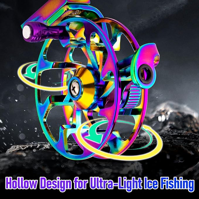 Alwonder Ice Fishing Reel Dazzling Color, CNC-Machined Aluminum Ultra-Lightweight and Durable Inline Ice Fishing Reel, Smooth Right Hand Ice Reels Fishing Gear