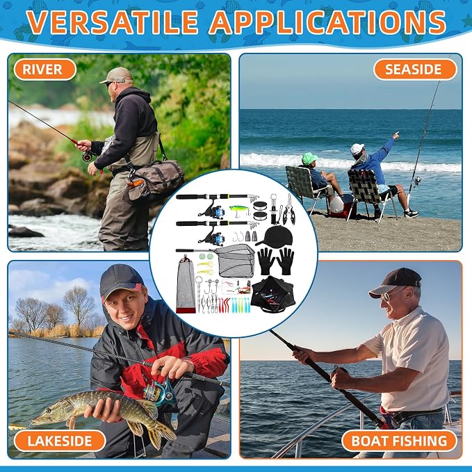 Telescopic Fishing Rod and Reel Combo 2 Pcs Collapsible Fishing Pole Kit with Plier Lip Gripper Lures Carrier Bag Pre-Loaded Spinning Reel for Beginner Men Travel Saltwater Freshwater