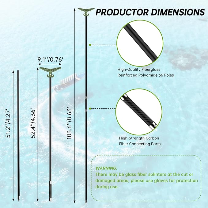 itayak 8.63ft/12.3ft Shallow Water Anchor Pole, Fiberglass Boat Anchor with T-Handle, Pole Anchor with 316 Stainless Tip for Boat, Fishing Kayak (Gloves Included)