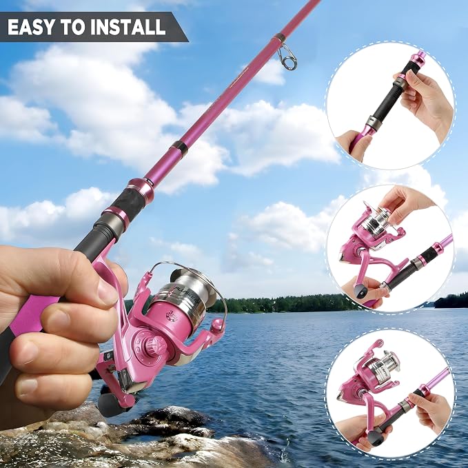 Fishing Rod and Reel Combos, Fishing Gear Gifts for Women with Spinning Reel, Lures, Line, Pink Ladies Telescopic Pole Kit Designed for Girls Adults by PLUSINNO