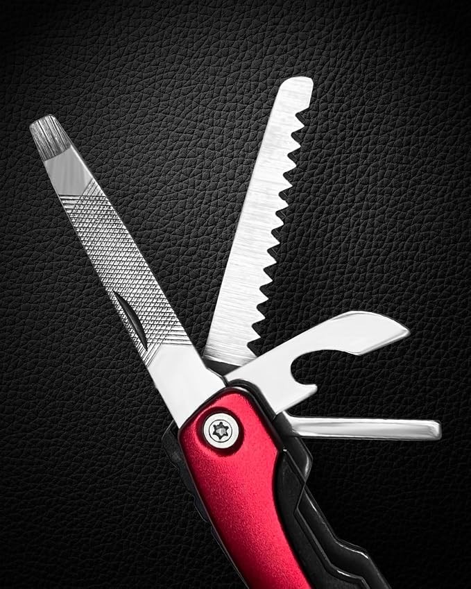 UNOONE 11-in-1 Multitool Pliers - Stainless Steel Pocket Knife with Pliers, Screwdriver & Bottle Opener - Aluminum Handle EDC Knives for Survival, Camping, Hunting, Hiking - Gift for Men Women (Red)