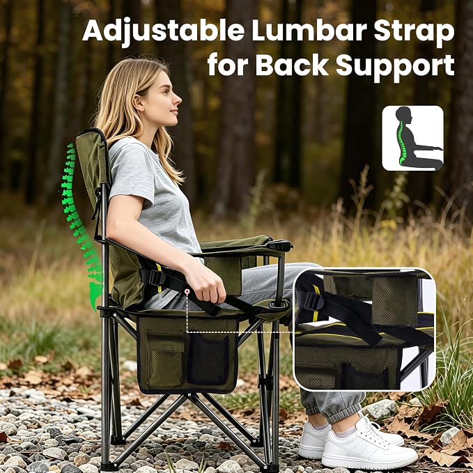 Oversized Camping Chairs for Adults 2 Pack Heavy Duty 450LBS Thick 600D Oxford Fabric Outdoor Waist Support Folding Camping Chairs with Cup Holder and Ice Bag for Sports, Fishing, Lawn (Black & Green)