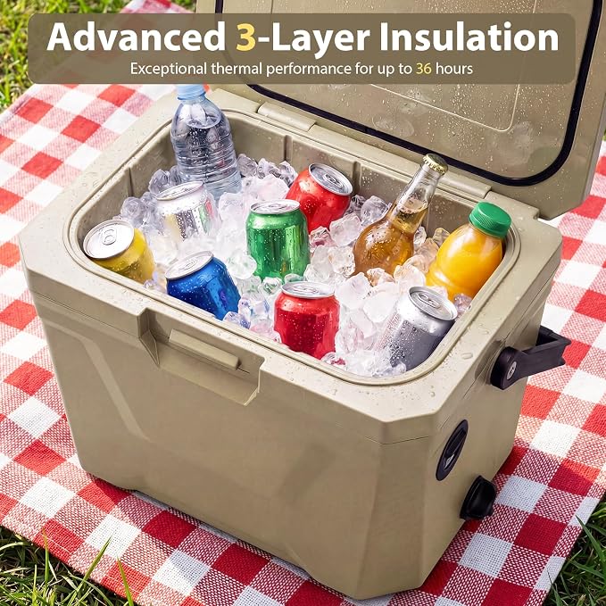 KOTEK 21qt Hard Cooler, Insulated Portable Ice Chest with Drain Plug, Bottle Opener & Cup Holders, Outdoor Cooler with Handle for Camping, Beach, Fishing and Boating