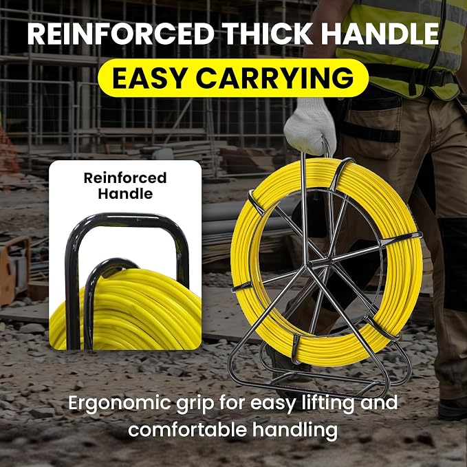 492FT 1/4 inch(6MM) Fish Tape Fiberglass with Meter Markings, Duct Rodder Cable Puller with Steel Reel Stand, Fishing Tools for Walls and Electrical Conduit, Non-Conductive