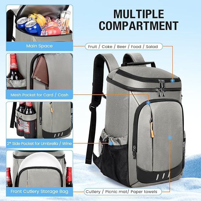 Cooler Backpack- 40 Cans Insulated Backpack Cooler for Men & Women Portable Leak Proof Lunch Backpack Cooler Bag for Beach Picnic Travel Work Camping Hiking-Grey