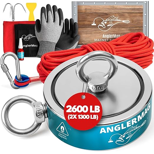 AnglerMag Magnet Fishing Kit - 2600 lbs Double Sided Neodymium Magnetic Fishing Stuff with Rope - 10 PCS Extra Strong Complete Gift Set with eBook, Carabiner, Gloves, Grappling Hook & Carrying Bag
