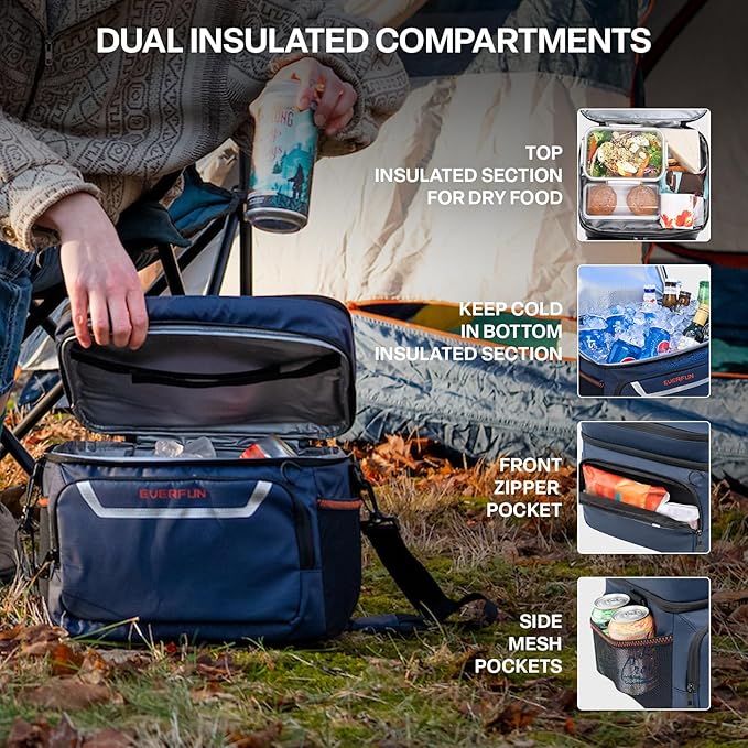 EVERFUN Small Compact Cooler Bag 24/48 Can Insulated Lunch Box Double Deck Soft Leak-Proof Waterproof Collapsible Ice Chest for Men Women Work Travel Car Trip Picnic Beach