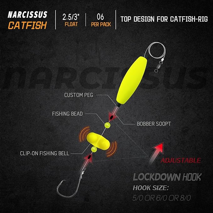 Narcissus Catfish Rigs Set – 6 Pre-Tied Rigs with 2 Sinker Sliders, Float Rigs Tackle, Santee Rig, Circle Hooks 6/0 – Complete & Ready-to-Use Kit