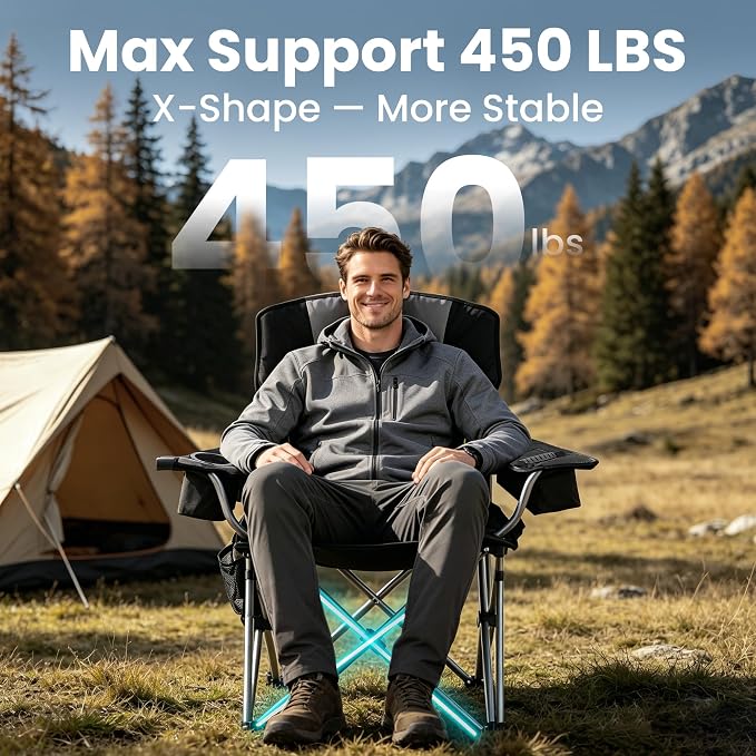 Oversized Camping Chairs for Adults 2 Pack Heavy Duty 450LBS Thick 600D Oxford Fabric Outdoor Folding Camping Chairs with Cup Holder and Ice Bag for Sports, Fishing, Lawn (Black & Dark Gray)