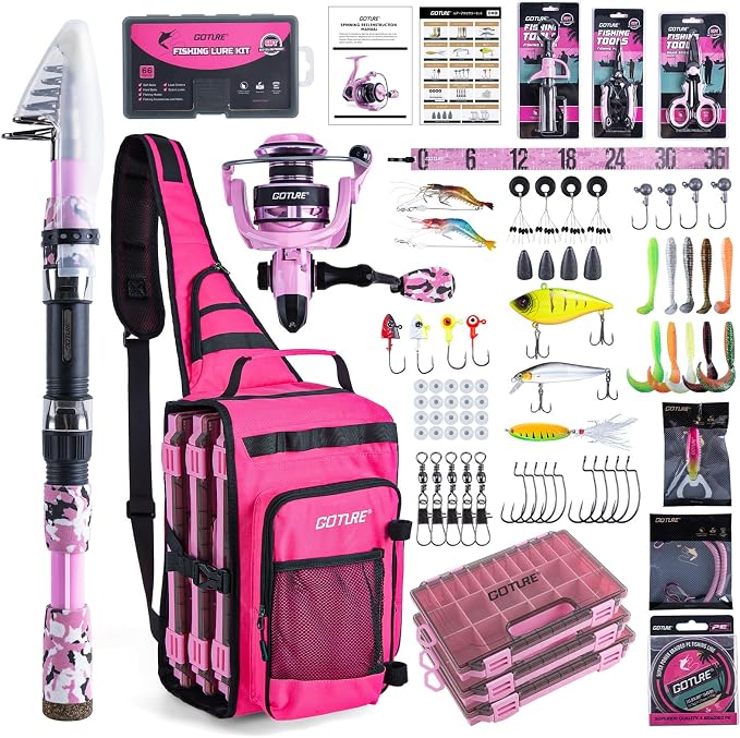 Goture Pink Fishing Rod and Reel Combo - ML Action Spinning Reel Pole with Pink Bag - Telescopic Rod Kit for Starter Travel Saltwater Freshwater, Gift for Woman