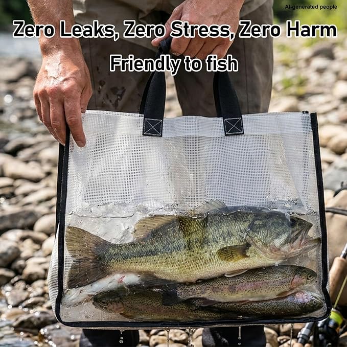 3-In-1 Fish Tote Fishing Tournament Weigh In Bag Fish Thick Durable Clear Poly Mesh Bag Leakproof Tear Resistant Tote 24'' x 18.5'', w/ 9" Floating Fish Lip Gripper & Hook Remover