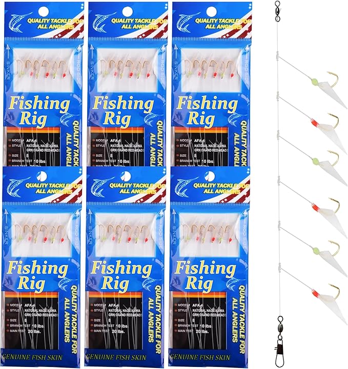 OROOTL Fishing Bait Rigs Saltwater, 6 Packs Surf Fishing Rigs with Sharp Hooks Fish Skin Feather Swivel Snap Glow Saltwater Lures Sea Bass Cod Herring Hook Rig Size 4 6 8