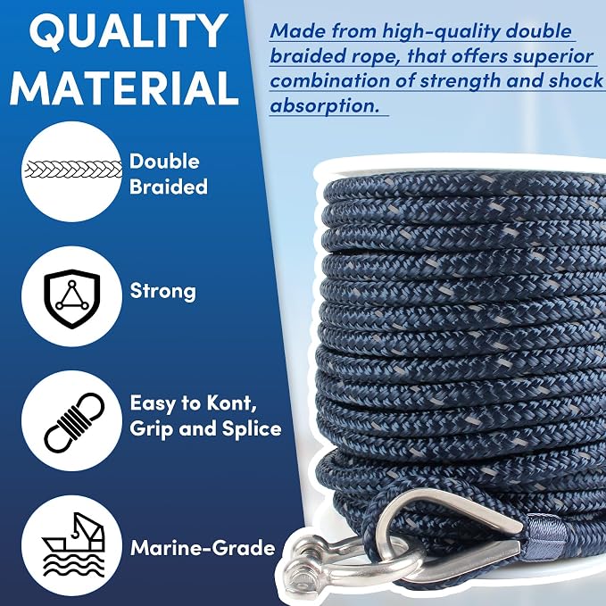 Anchor Rope 100 ft x 3/8 inch Navy Blue, Double Braided Anchor Line with Stainless Steel Thimble & Shackle, Boat Rope with Reflective Strip Ideal for Mooring,Anchoring,for Boats Up to 27'