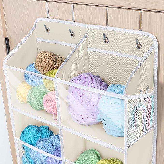 Univivi Over Door Hanging Yarn Storage Organizer, 5 Tiers Hanging Yarn Crochet Organizer with 10 Mesh Side Pockets for Crochet Accessories, Knitting Needles and Yarn Balls, Beige