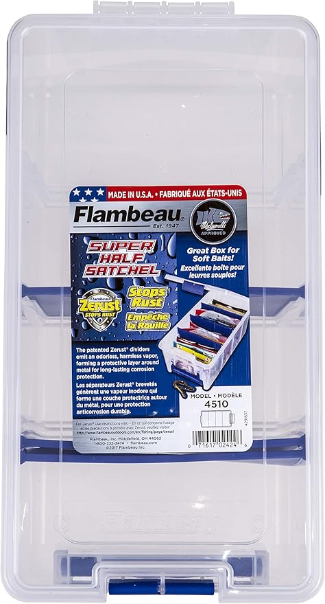 Flambeau Outdoors 4510 Clear Fishing Organizer - Super Half Satchel Soft Fishing Lure Storagees, Bait Organizer, Tuff Tainer with Zerust Anti-Rust Dividers
