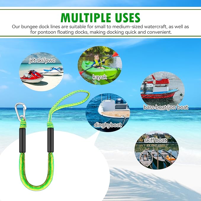Boat Bungee Dock Lines – Adjustable Boat Tie Downs for Pontoon, Jet Ski, PWC, Kayak | Single Hook Small Cruiser Mooring Lines | (2, Green & Yellow, 3 Feet)