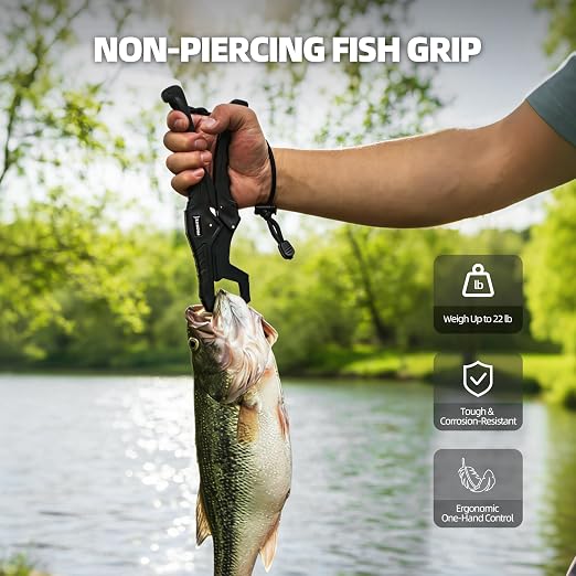 Fishing Tool Kit with Fish Gripper, Portable Fish Scale, Stainless Steel Soap & Measuring Ruler – Saltwater Resistant Tackle Accessories for Freshwater and Saltwater Anglers (Black)