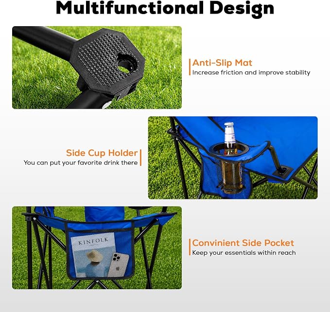 Romswi Portable Camping Chairs for Adult Support 400 LBS, Folding Outdoor Chairs with 4-Can Cooler Bag, Folding Chair with Mesh Back for Outdoor, Fishing, Garden, 2-Pack, Blue
