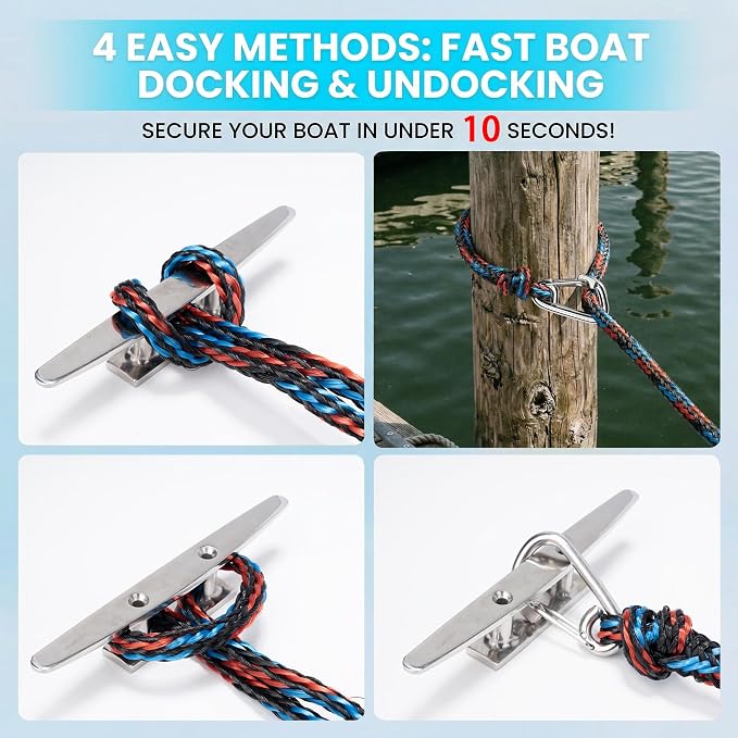 Obcursco Heavy Duty Boat Dock Lines (7ft & 14ft) - 1/2" Marine Mooring Rope with 316 Stainless Steel Clip - Accessories for PWC, Pontoon, Center Console, Jet Ski (Black/Red/Blue, 2 Pack)