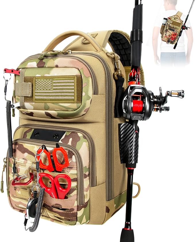 Fishing Sling Bag, Fishing Bag With Rod Holder Fixed Stickers, MOLLE System, Soft Bait & Gear Storage, Gift for Men, Khaki