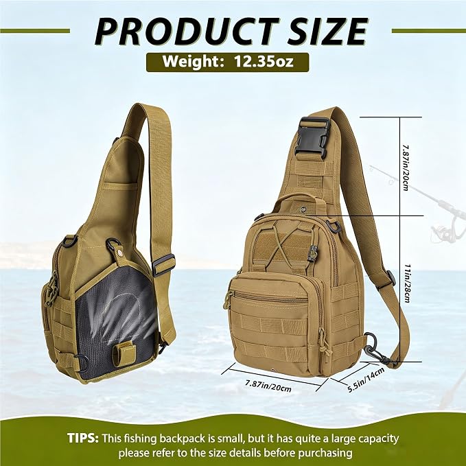 Fishing Backpack Small Fishing Tackle Storage Bag with 3 Methods of Carrying Large Capacity Sling Backpack for Outdoor Hiking Travel Hunting (Khaki)
