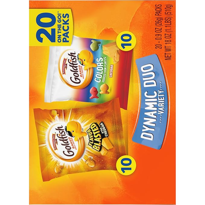 Goldfish Dynamic Duo Variety Pack, Colors Cheddar & Flavor Blasted Xtra Cheddar, Snack Packs, 20 Ct