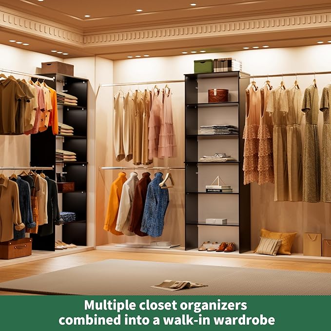 ROOMTEC Closet System, 25.5" Wide Wall-Mounted Closet Organizer Kit with Wood Storage Tower and 3 Hanging Rods, Wardrobe Closet System for Walk-In Closets, Black