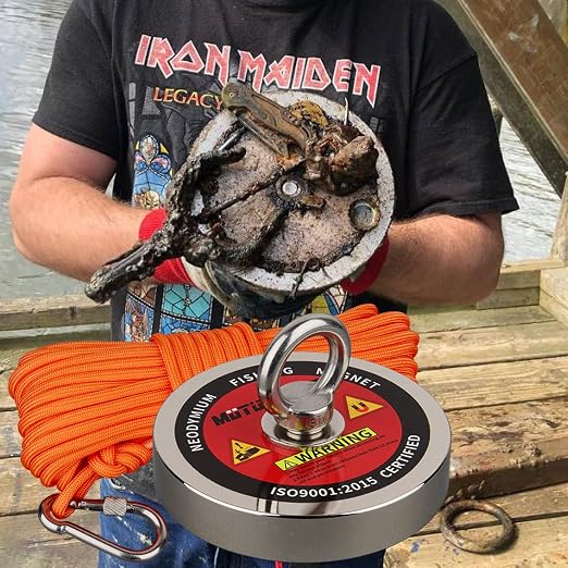 MUTUACTOR Fishing Magnet Kits Heavy Duty,1200lb Super Strong Noedymium Rare Earth Magnets with 65Ft Rope,Anti-Slip Gloves,Waterproof Bag,Plastic Scraper for Retrieving Treasure in Rivers