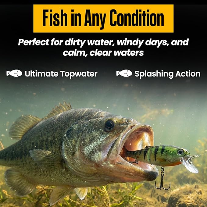 Headbanger Spitfire Topwater Fishing Lure (4-1/2" & 6-1/2") – Hybrid Wakebait & Propbait for Bass, Pike & Musky – Hard Body Swimbait with Action Lip & VMC Hooks