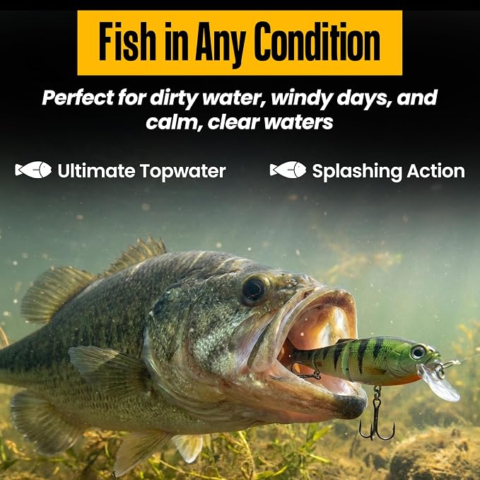 Headbanger Spitfire Topwater Fishing Lure (4-1/2" & 6-1/2") – Hybrid Wakebait & Propbait for Bass, Pike & Musky – Hard Body Swimbait with Action Lip & VMC Hooks