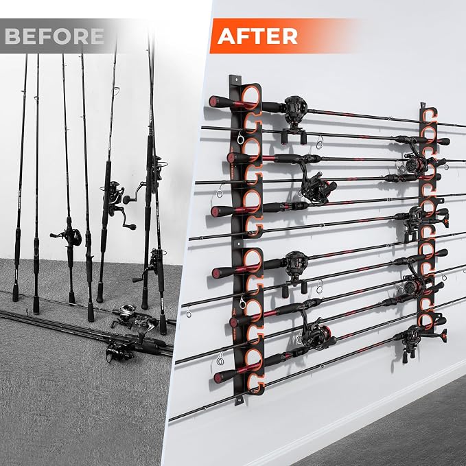 KastKing SafeGuard LS Horizontal Fishing Rod Rack with Line Spooler – Wall or Ceiling Mount, Holds 12 Rods & Combos, No-Twist Fishing Rod Holder with Spooler & Cutter (Spinning & Baitcasting)