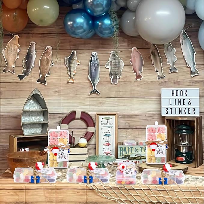 Draupnir 30 Sets Fishing Party Favors Candy Tackle Boxes with 30 Fishing Bobber 30 Thank You Cards for Fishing Theme Decorations