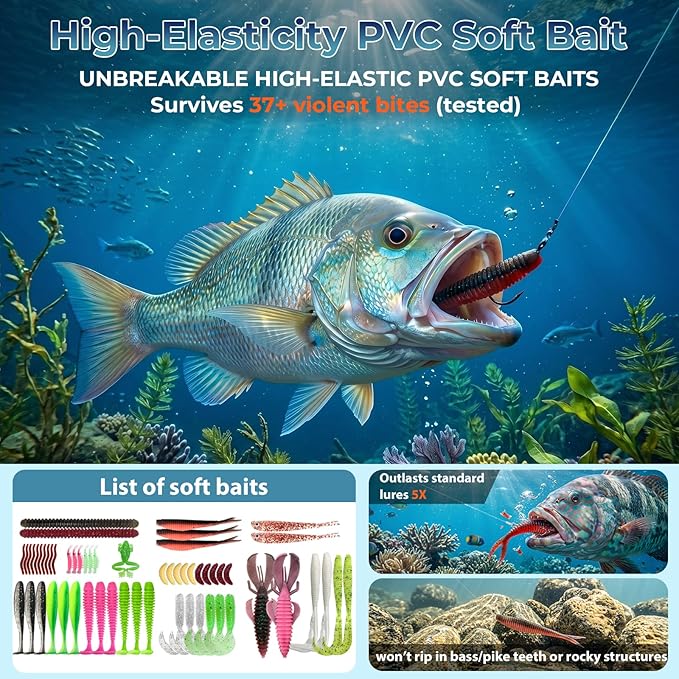 Fishing Lures - Fishing Kit Included 193Pcs Fishing Accessories and Tackle Box, Frogs, Minnows, Soft Baits, Hooks & Weights Accessories Gear Gift for Men Freshwater Bass Trout