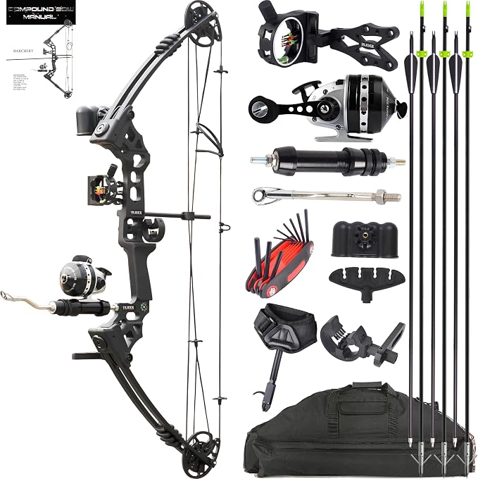Bow Fishing Combo Kit 20-70 LBS Hunting Compound Bow Fishing Bow Set with Bowfishing Arrow and Fishing Reel for Bowfishing Archery Hunting Left & Right Handed Black