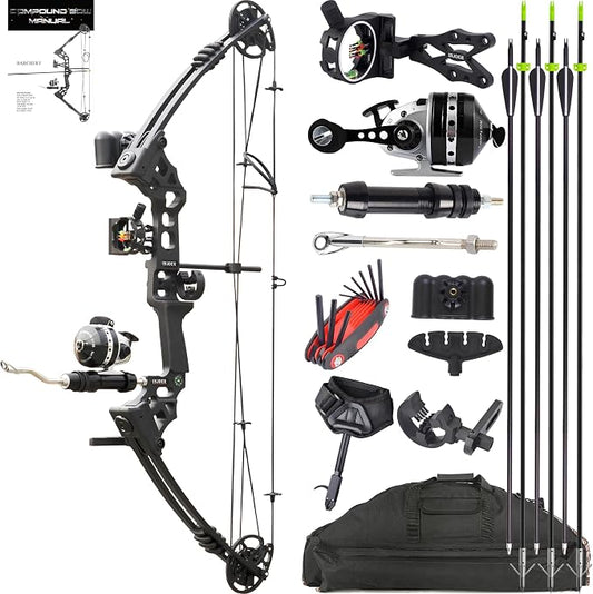 Bow Fishing Combo Kit 20-70 LBS Hunting Compound Bow Fishing Bow Set with Bowfishing Arrow and Fishing Reel for Bowfishing Archery Hunting Left & Right Handed Black