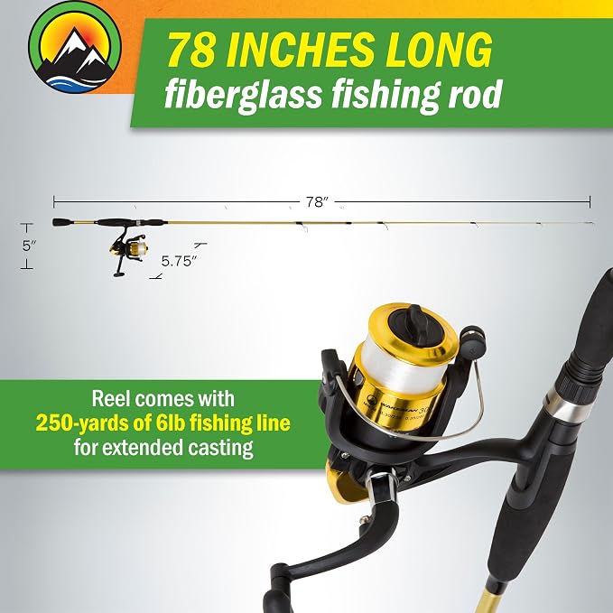 Fiberglass Fishing Pole - Strike Series 78-Inch Collapsible Rod and Spinning Reel Combo, EVA Handle, Pre-Spooled Reel, Fishing Gear for Catching Walleye, Bass, Trout, and More by Wakeman