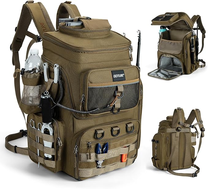 Goture Fishing Backpack, 900D Water-Resistant Tackle Bag with Rod Holders, Insulated Cooler Compartment, 55L Large Capacity Fishing Gear Storage for Saltwater&Freshwater Camping Hiking,Gifts for Men