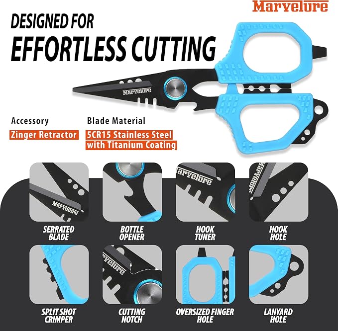 Pro Fishing Shears 4.7'' (12 cm), Dual Serrated Blades, Titanium-Coated Braided Line Scissors with Non-Slip Grip & Multifunction Tool, Includes Zinger Retractor (Blue, 4.7'' (12 cm))