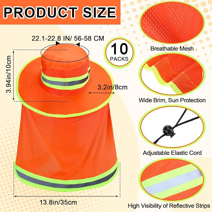 Jexine 10 Pcs High Visibility Reflective Hat with Neck Flap Safety Sun Hat for Men Bucket Cap Boonie Hats Bulk