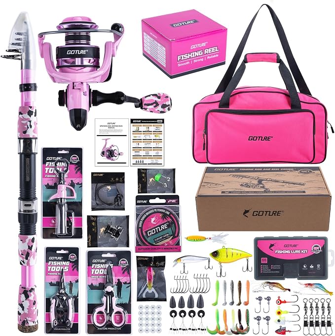 Goture Pink Fishing Rod and Reel Combo - ML Action Spinning Reel Pole with Pink Bag - Telescopic Rod Kit for Starter Travel Saltwater Freshwater, Gift for Woman
