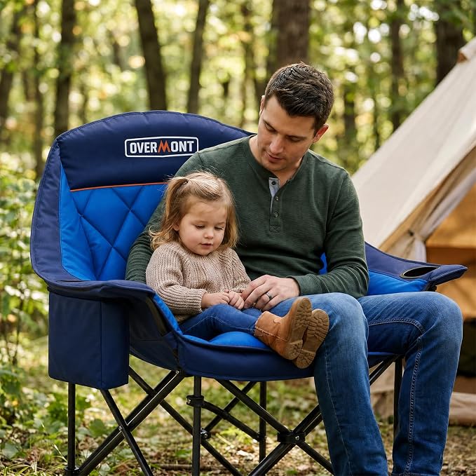 Overmont Oversized XL Camping Chair for Adults - 500lbs Support Heavy-Duty Padded Folding Chair with Side Pocket Cup Holder Cooling Bag for Outdoor Sports Garden Beach Fishing Lawn Blue