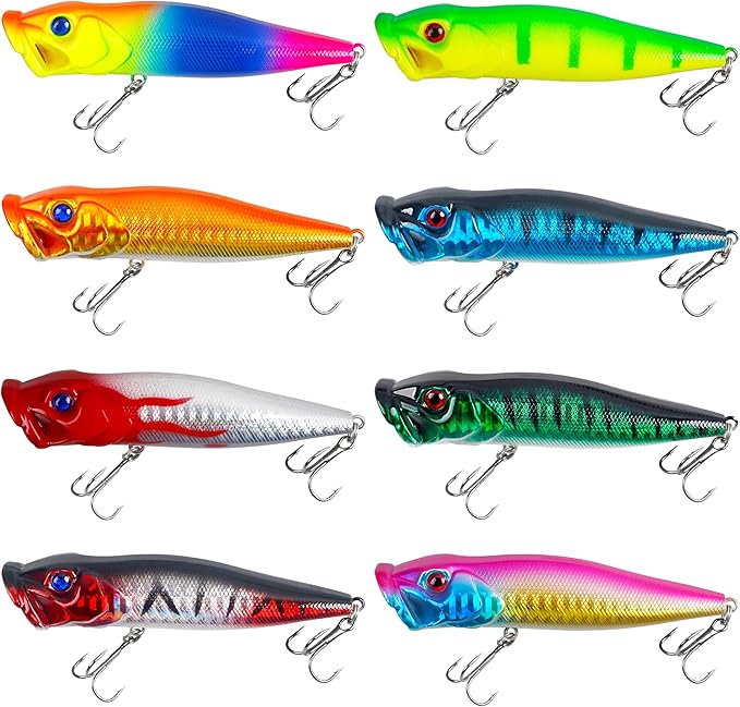 OROOTL Fishing Popper Lures, 8pcs Topwater Fishing Lures Hard Baits Lifelike Swimbait with Treble Hook Poppers for Bass Trout Walleye Pike Panfish Freshwater Saltwater
